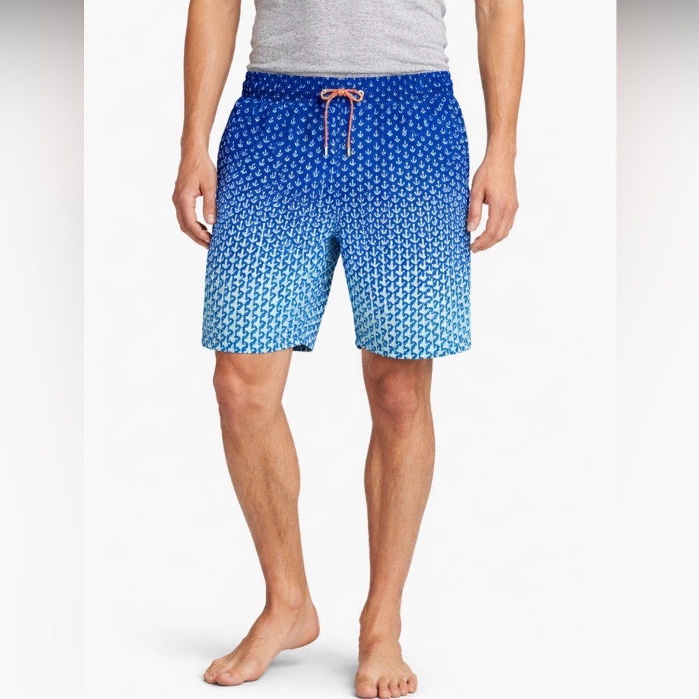 BUGATCHI Men's Swim Trunks‎ XL Blue Anchor Print Elastic Waist Drawstring